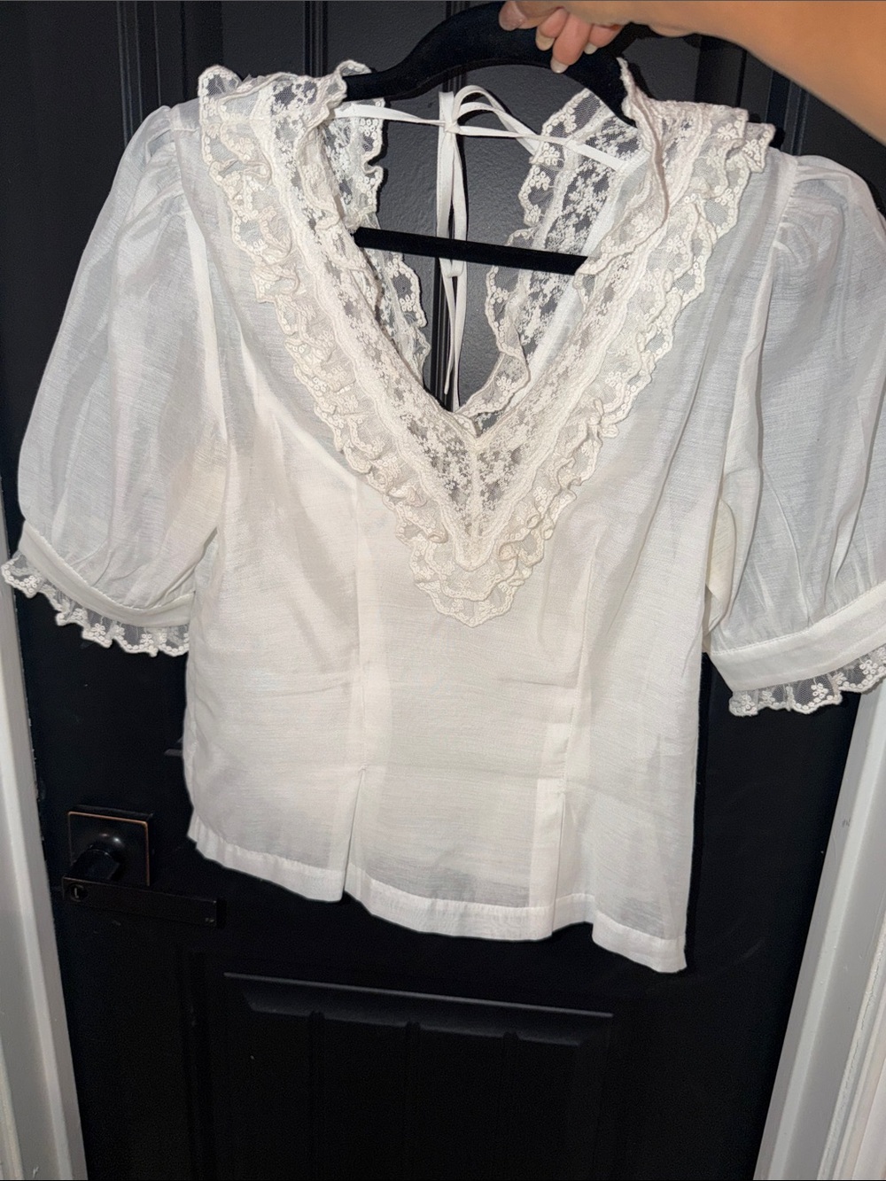 Caroline Constas White Lace-Trim Puff Sleeve Blouse